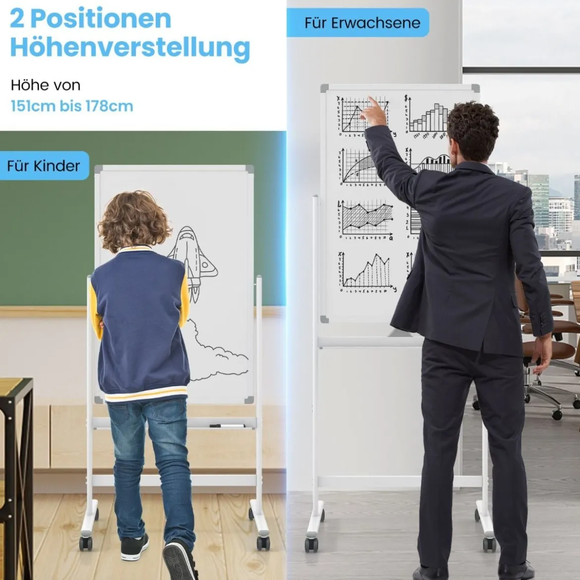 Doppelseitiges Mobiles Whiteboard mit Stiftablage & Zubehör für Schule Büro 60 x 90 cm Weiß