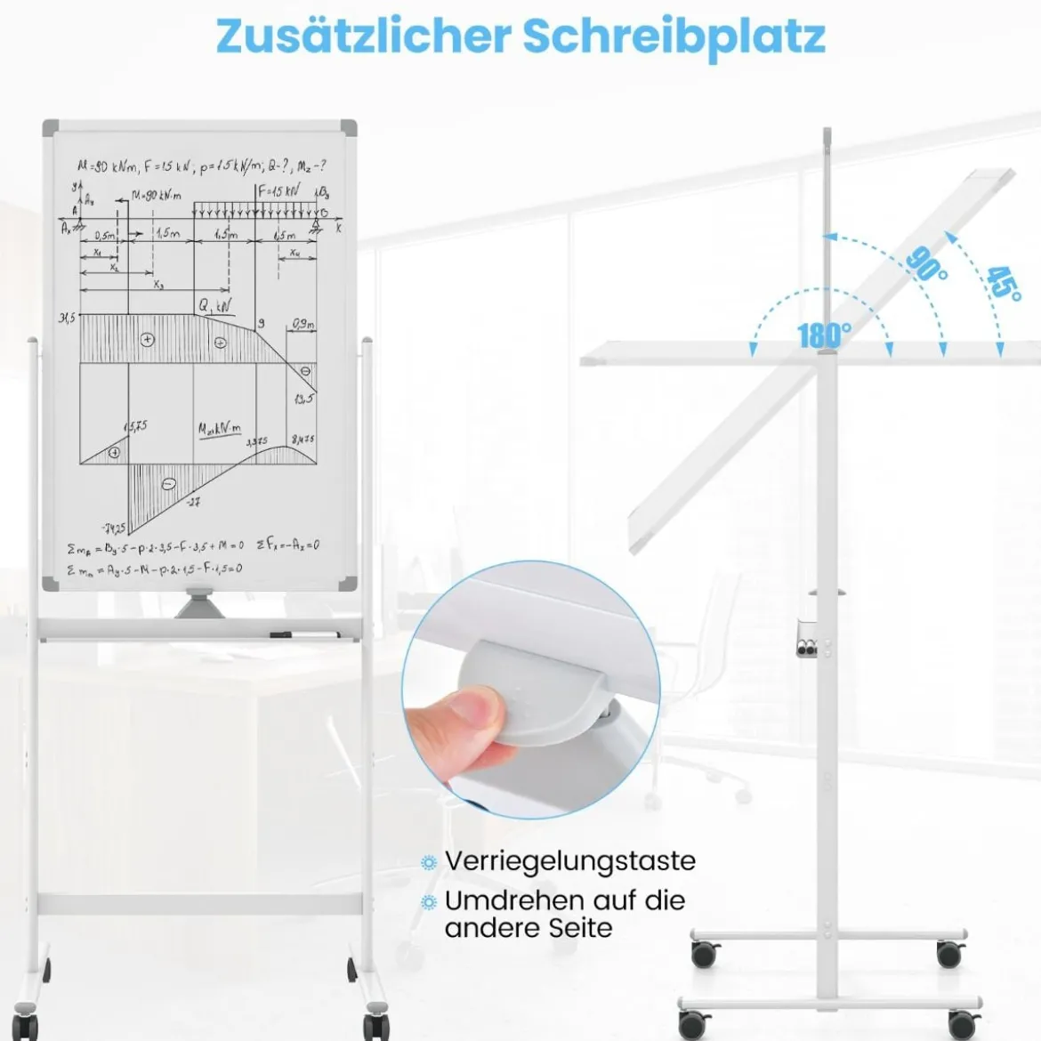 Doppelseitiges Mobiles Whiteboard mit Stiftablage & Zubehör für Schule Büro 60 x 90 cm Weiß