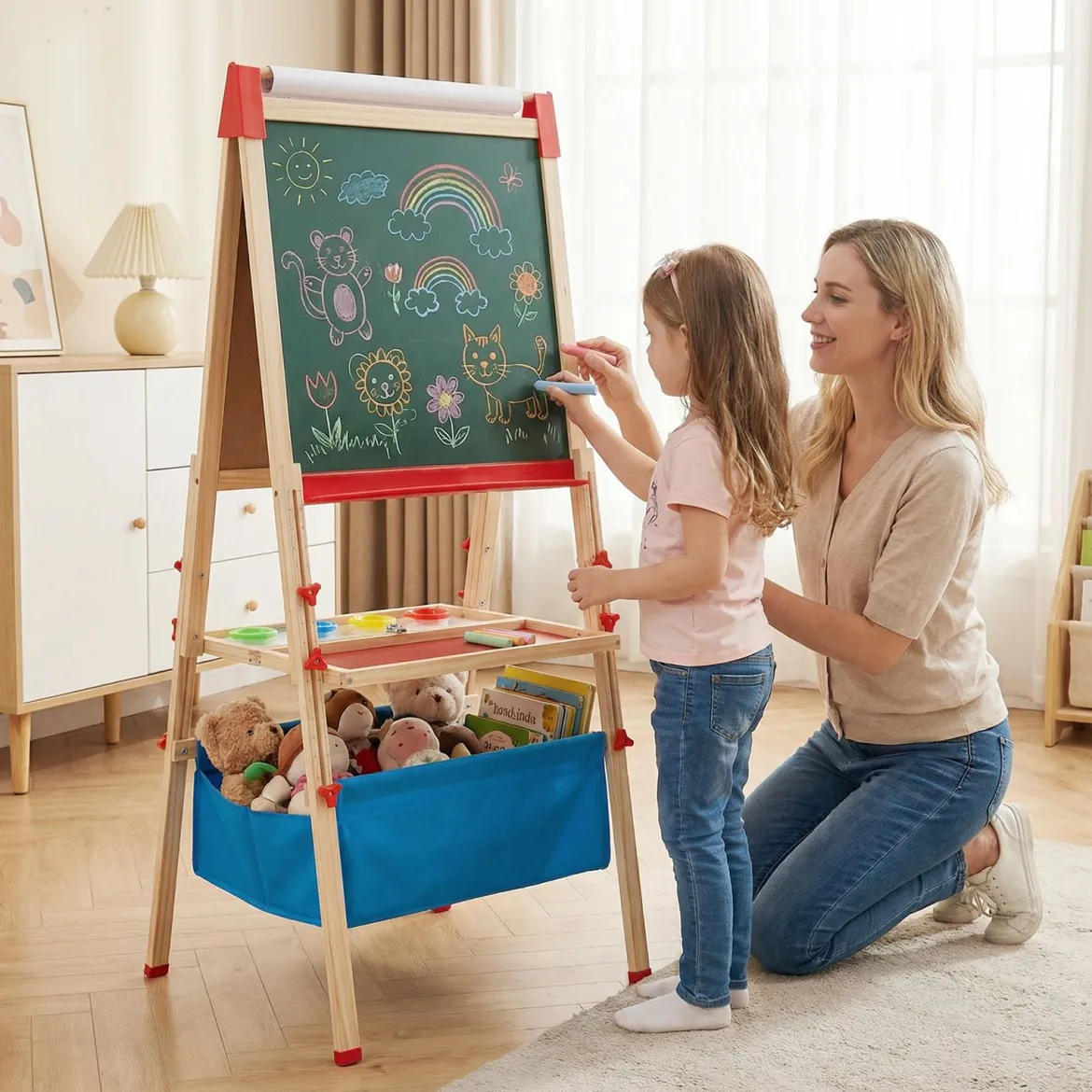 Doppelseitige Spieltafel mit Magnettafel & Whiteboard Höhenverstellbare Standtafel mit Papierrolle