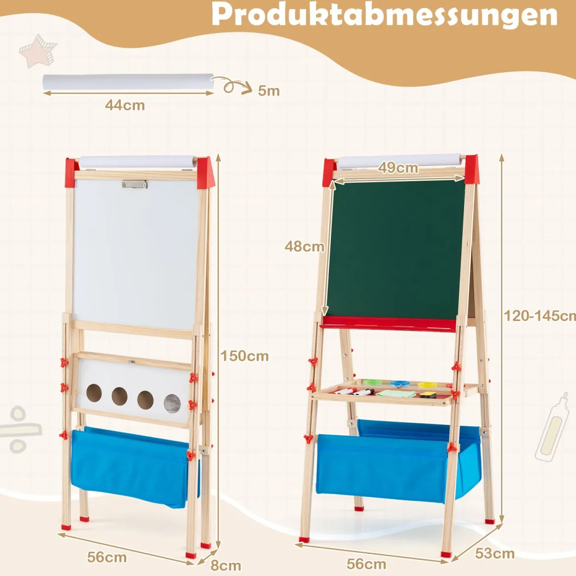 Doppelseitige Spieltafel mit Magnettafel & Whiteboard Höhenverstellbare Standtafel mit Papierrolle