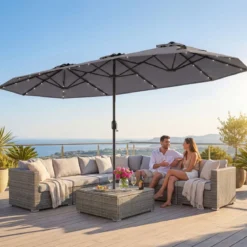 Doppelsonnenschirm mit Ständer & LED-Leuchten & UPF 50+ Sonnenschirm Gartenschirm Grau