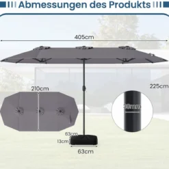 Doppelsonnenschirm mit Ständer & LED-Leuchten & UPF 50+ Sonnenschirm Gartenschirm Grau