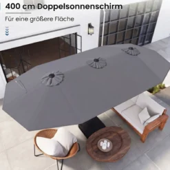 Doppelsonnenschirm mit Ständer & LED-Leuchten & UPF 50+ Sonnenschirm Gartenschirm Grau