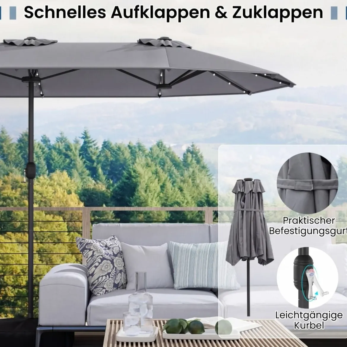 Doppelsonnenschirm mit Ständer & LED-Leuchten & UPF 50+ Sonnenschirm Gartenschirm