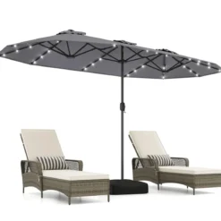 Doppelsonnenschirm mit Ständer & LED-Leuchten & UPF 50+ Sonnenschirm Gartenschirm