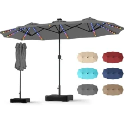 Doppelsonnenschirm 370 x 200 cm Sonnenschirm mit Kurbel & Ständer Terrassenschirm mit 108 LED-Lichtern Grau