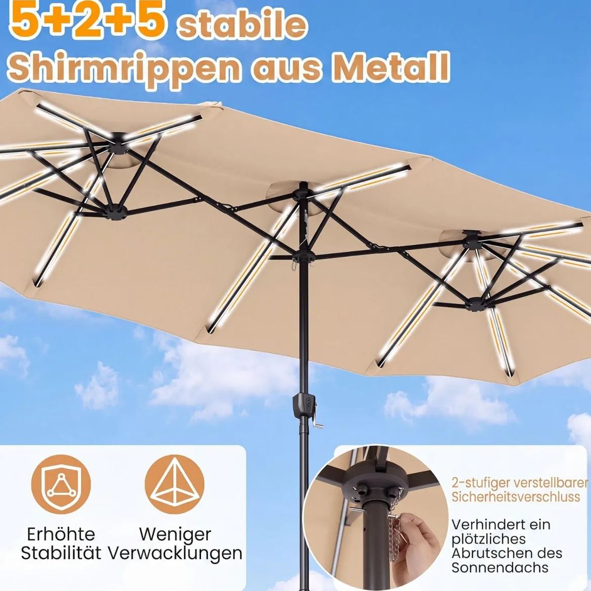 Doppelsonnenschirm 370 x 200 cm Sonnenschirm mit Kurbel & Ständer Terrassenschirm mit 108 LED-Lichtern Beige