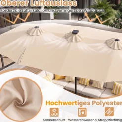 Doppelsonnenschirm 370 x 200 cm Sonnenschirm mit Kurbel & Ständer Terrassenschirm mit 108 LED-Lichtern Beige