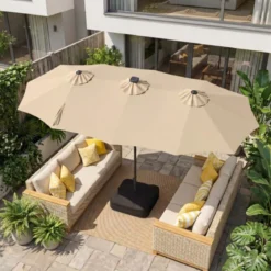 Doppelsonnenschirm 370 x 200 cm Sonnenschirm mit Kurbel & Ständer Terrassenschirm mit 108 LED-Lichtern Beige