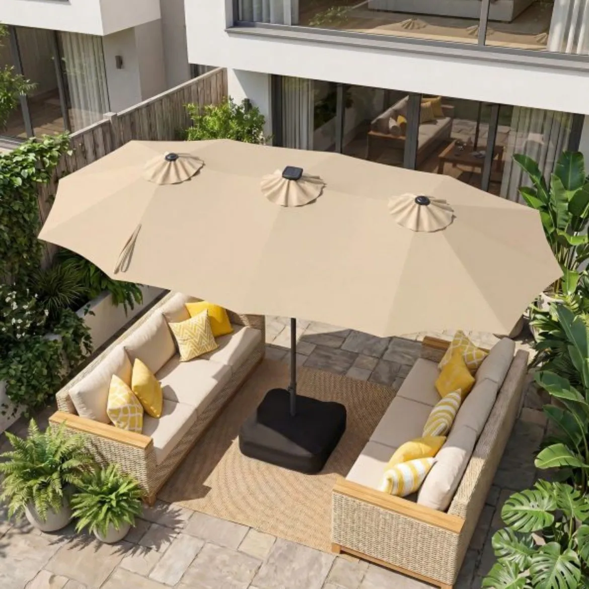 Doppelsonnenschirm 370 x 200 cm Sonnenschirm mit Kurbel & Ständer Terrassenschirm mit 108 LED-Lichtern Beige