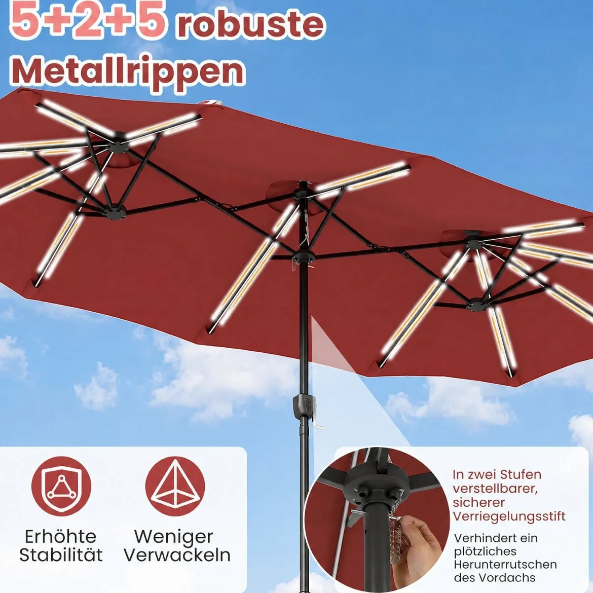Doppelsonnenschirm 370 x 200 cm Sonnenschirm mit Kurbel & Ständer Terrassenschirm mit 108 LED-Lichtern Weinrot