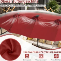 Doppelsonnenschirm 370 x 200 cm Sonnenschirm mit Kurbel & Ständer Terrassenschirm mit 108 LED-Lichtern Weinrot