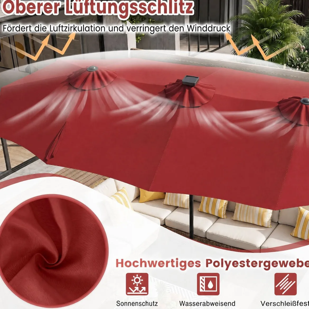 Doppelsonnenschirm 370 x 200 cm Sonnenschirm mit Kurbel & Ständer Terrassenschirm mit 108 LED-Lichtern Weinrot