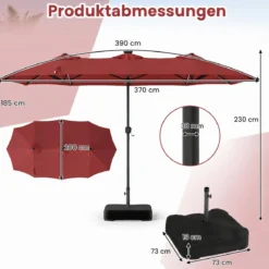 Doppelsonnenschirm 370 x 200 cm Sonnenschirm mit Kurbel & Ständer Terrassenschirm mit 108 LED-Lichtern Weinrot