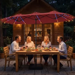 Doppelsonnenschirm 370 x 200 cm Sonnenschirm mit Kurbel & Ständer Terrassenschirm mit 108 LED-Lichtern Weinrot