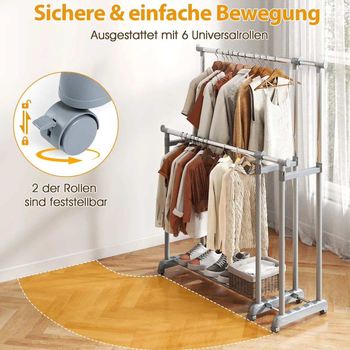 Doppelstangen-Kleiderständer Schwerlast-Metall-Garderobenständer mit ausziehbarer Höhe & Breite Silber