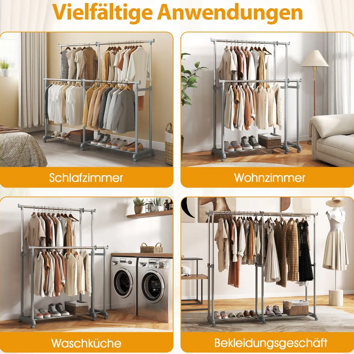 Doppelstangen-Kleiderständer Schwerlast-Metall-Garderobenständer mit ausziehbarer Höhe & Breite Silber