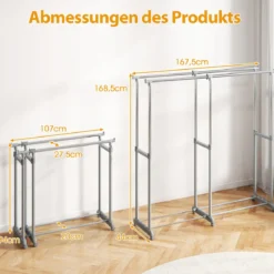 Doppelstangen-Kleiderständer Schwerlast-Metall-Garderobenständer mit ausziehbarer Höhe & Breite Silber