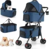 Doppelte Haustierwagen 3 in 1 faltbar Hundewagen mit 2 abnehmbaren Trägern Blau