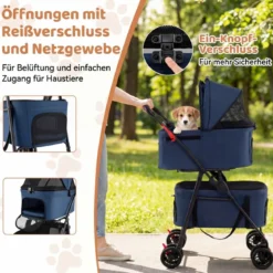 Doppelte Haustierwagen 3 in 1 faltbar Hundewagen mit 2 abnehmbaren Trägern Blau