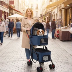 Doppelte Haustierwagen 3 in 1 faltbar Hundewagen mit 2 abnehmbaren Trägern Blau