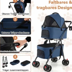 Doppelte Haustierwagen 3 in 1 faltbar Hundewagen mit 2 abnehmbaren Trägern Blau