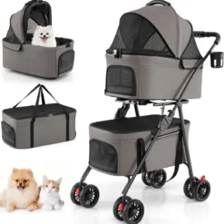 Doppelte Haustierwagen 3 in 1 faltbar Hundewagen mit 2 abnehmbaren Trägern Grau