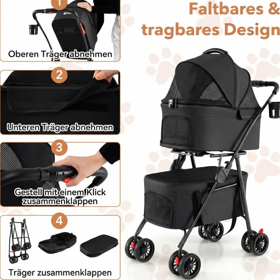 Doppelte Haustierwagen 3 in 1 faltbar Hundewagen mit 2 abnehmbaren Trägern Schwarz