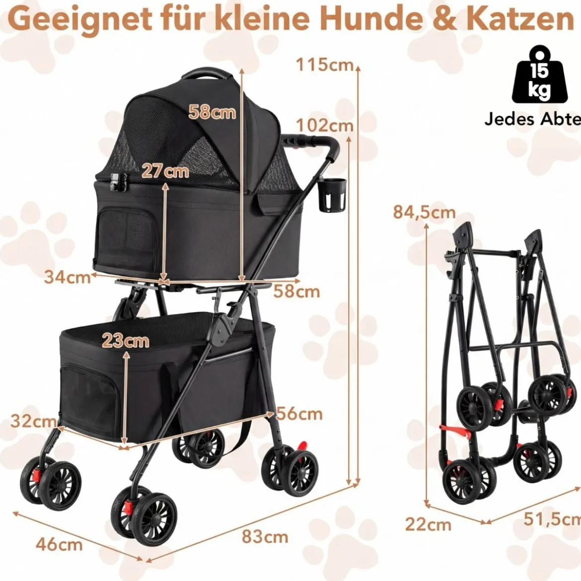 Doppelte Haustierwagen 3 in 1 faltbar Hundewagen mit 2 abnehmbaren Trägern Schwarz