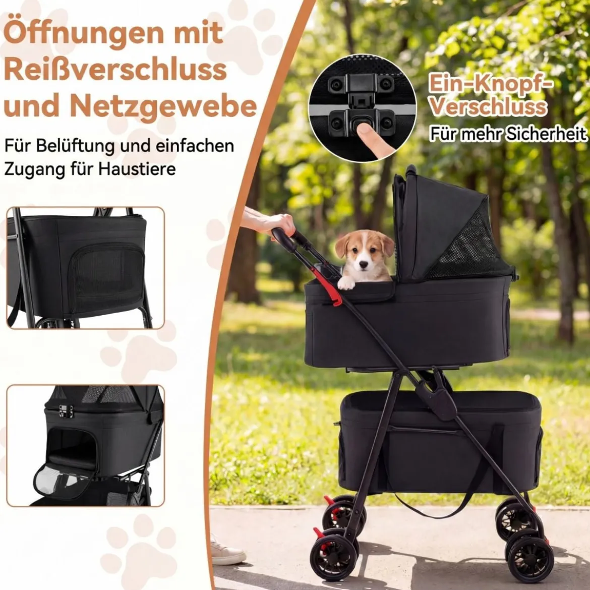 Doppelte Haustierwagen 3 in 1 faltbar Hundewagen mit 2 abnehmbaren Trägern Schwarz