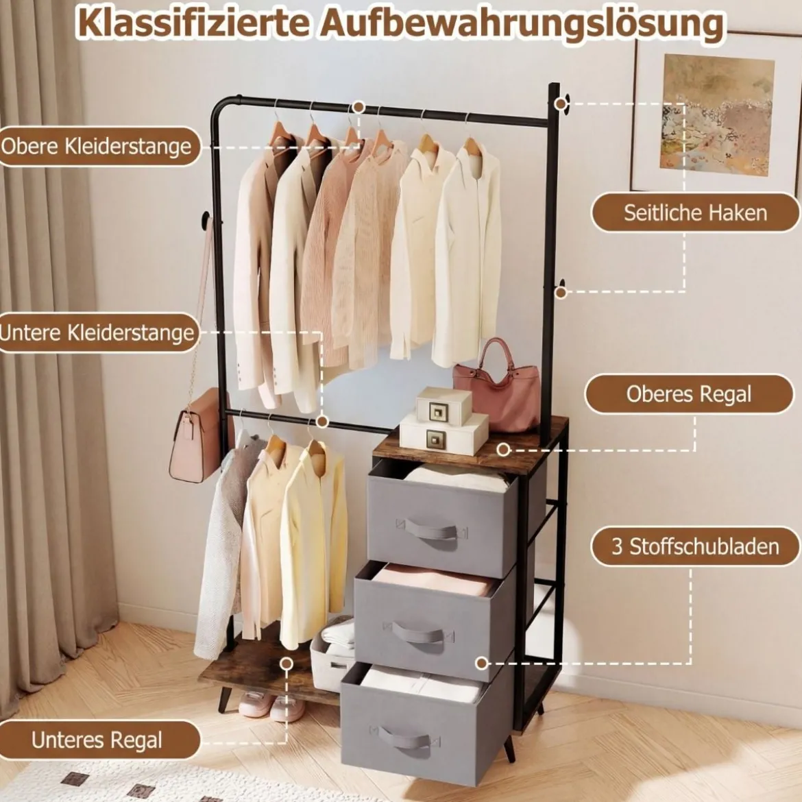 Doppelte Kleiderstange mit 2 Ablagefächern & 3 Seitenhaken & 3 Stoffschubladen Kleiderständer