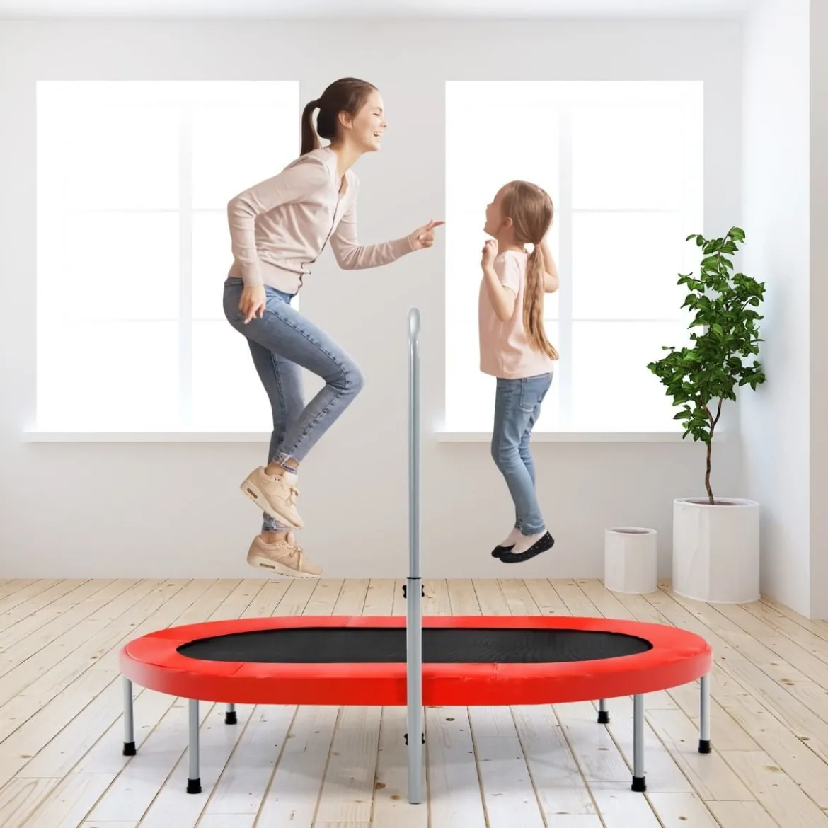 Doppeltrampolin faltbares Fitness-Trampolin mit verstellbarem Handlauf 154 x 90 x 92 -132 cm Rot