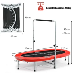 Doppeltrampolin faltbares Fitness-Trampolin mit verstellbarem Handlauf 154 x 90 x 92 -132 cm Rot