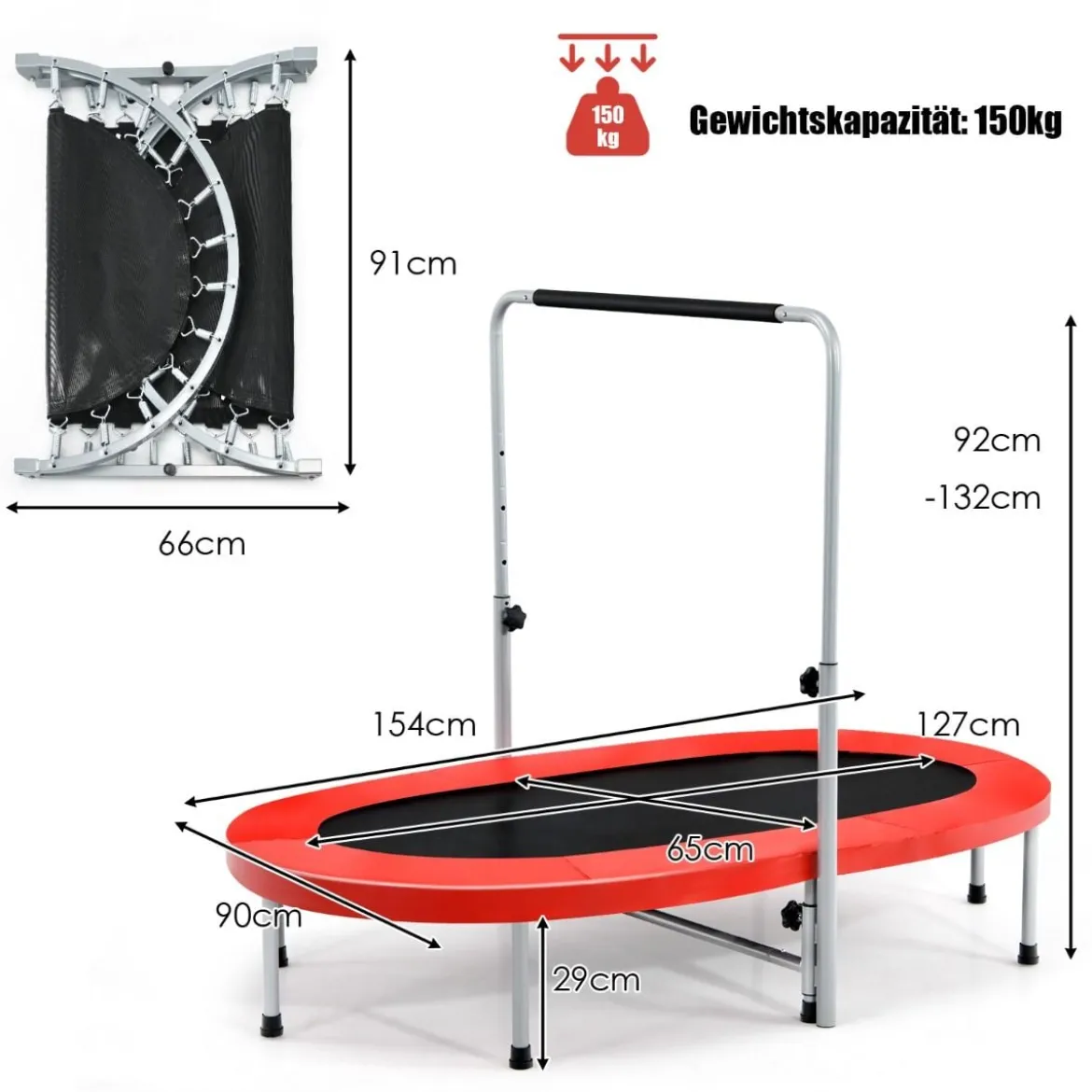 Doppeltrampolin faltbares Fitness-Trampolin mit verstellbarem Handlauf 154 x 90 x 92 -132 cm Rot
