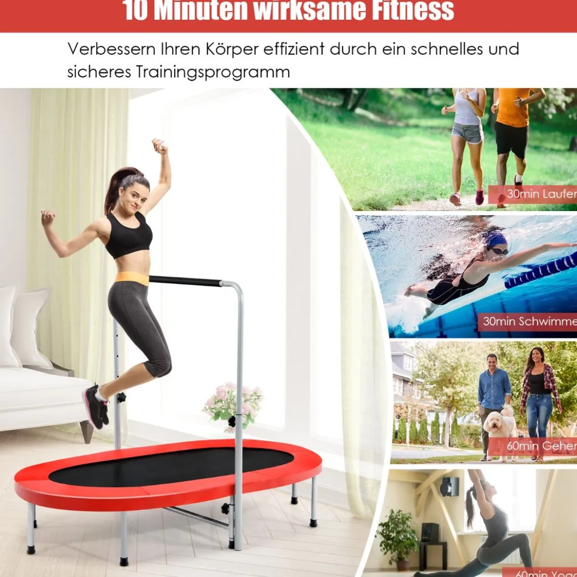 Doppeltrampolin faltbares Fitness-Trampolin mit verstellbarem Handlauf 154 x 90 x 92 -132 cm Rot