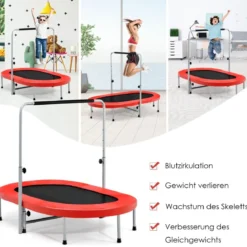 Doppeltrampolin faltbares Fitness-Trampolin mit verstellbarem Handlauf 154 x 90 x 92 -132 cm Rot