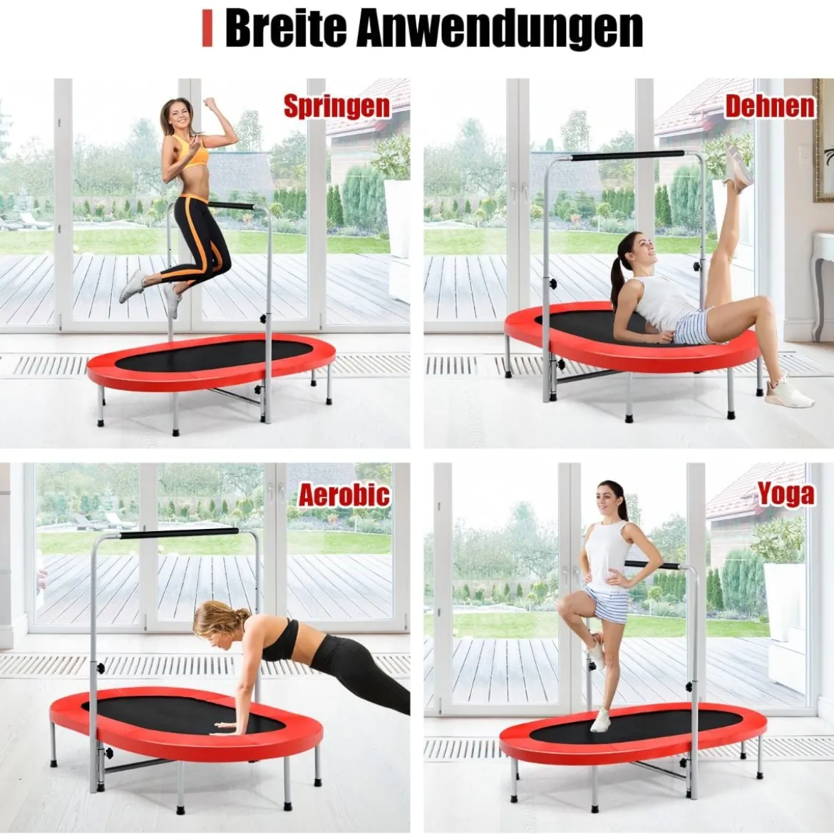 Doppeltrampolin faltbares Fitness-Trampolin mit verstellbarem Handlauf 154 x 90 x 92 -132 cm Rot