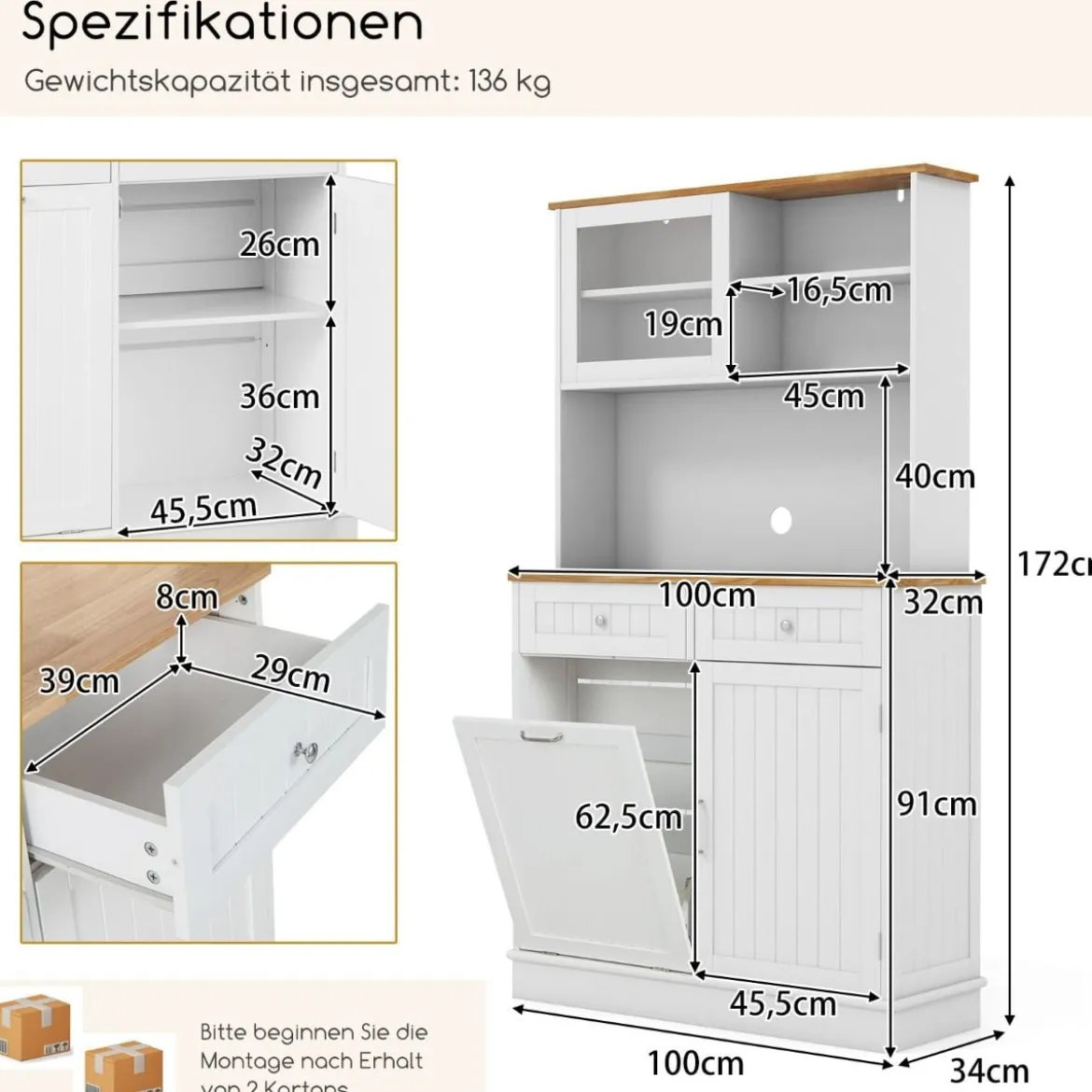 Doppeltüriger Küchenschrank mit Aufsatz Freistehender Müllschrank Kippschrank Buffet