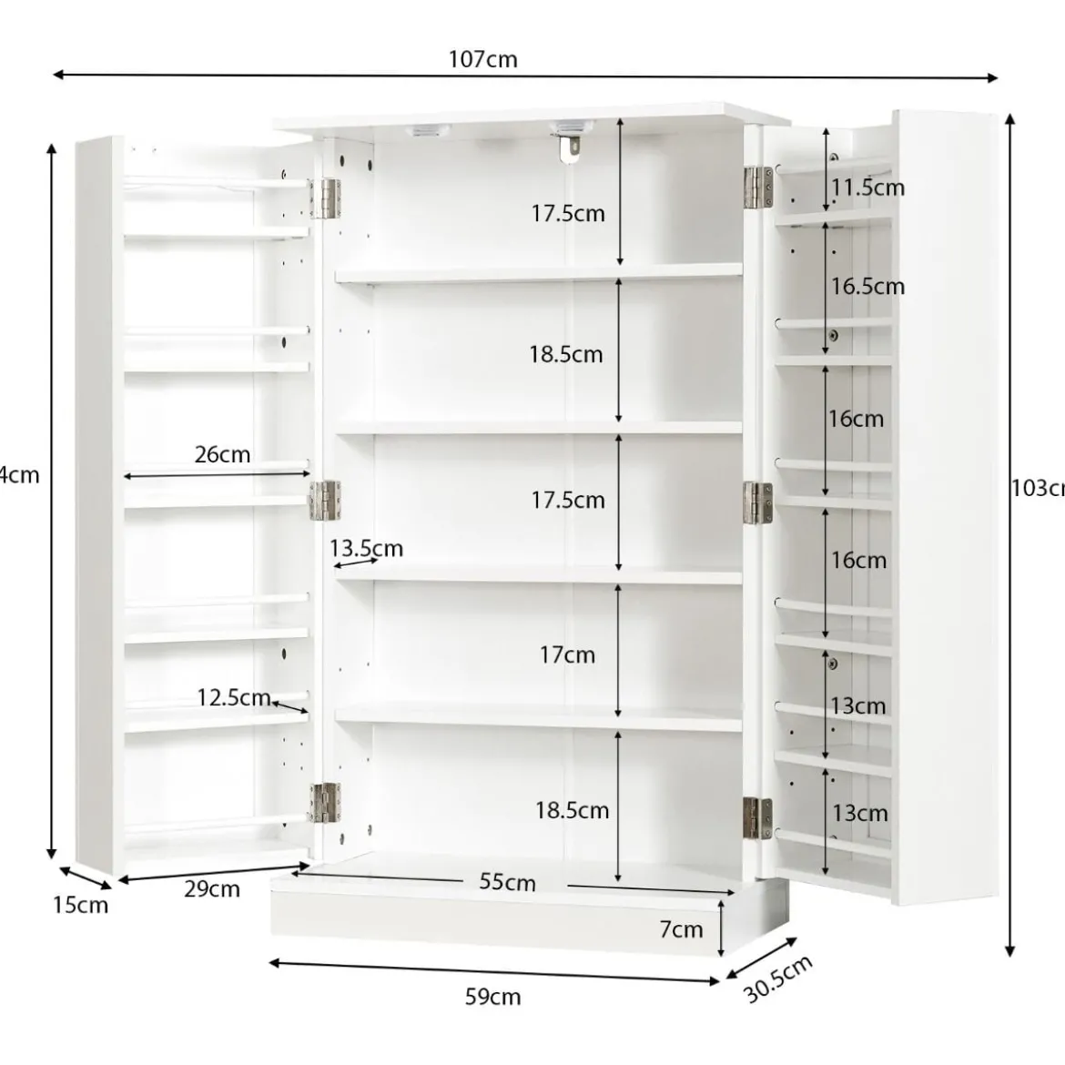 Doppeltüriger Vorratsschrank mit 6 verstellbaren Einlegeböden 59 x 30,5 x 103,5 cm Weiß