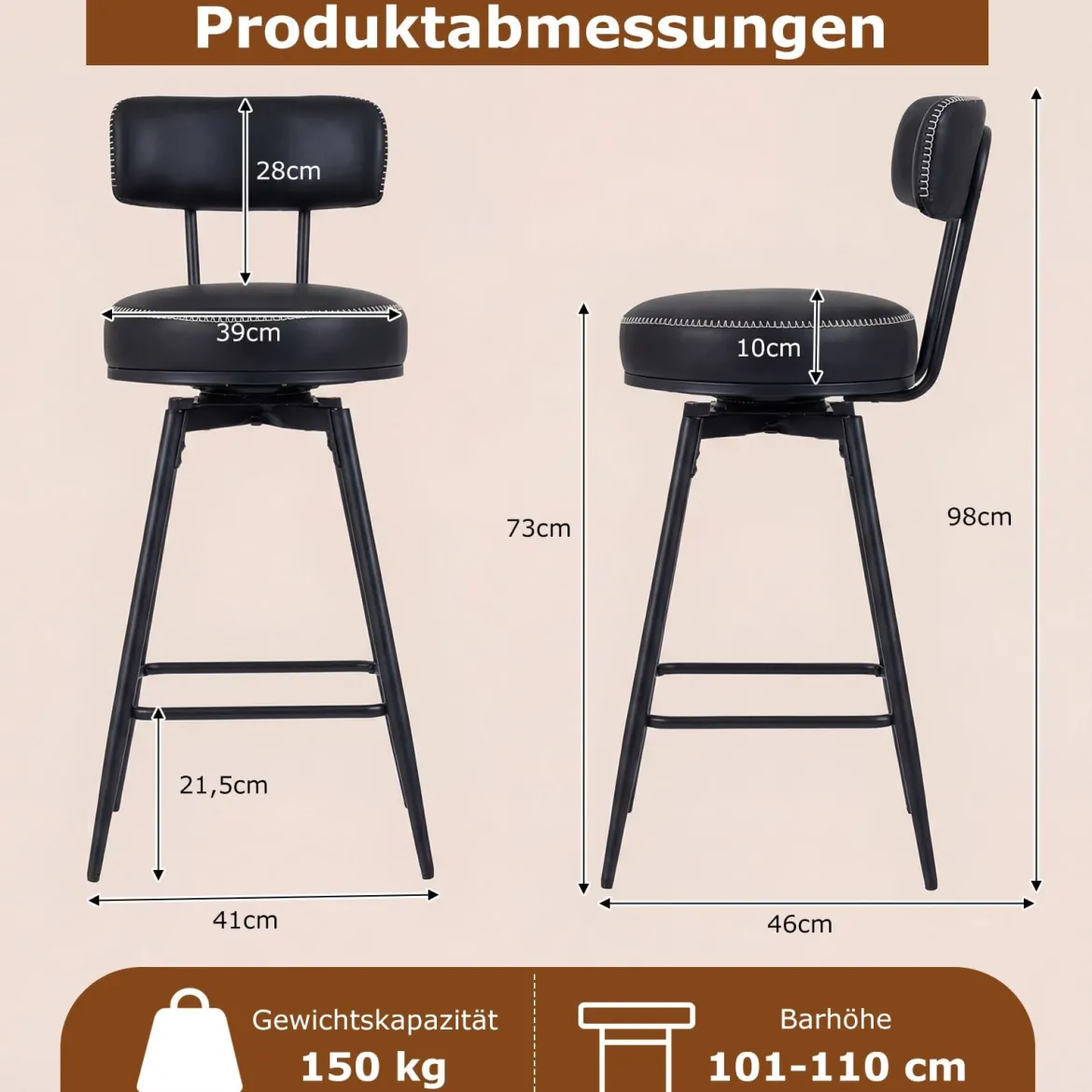 Drehbare Barhocker Set mit 2 Stück moderne Barhöhe Stühle mit gepolsterter Rückenlehne Schwarz