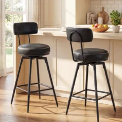 Drehbare Barhocker Set mit 2 Stück moderne Barhöhe Stühle mit gepolsterter Rückenlehne Schwarz