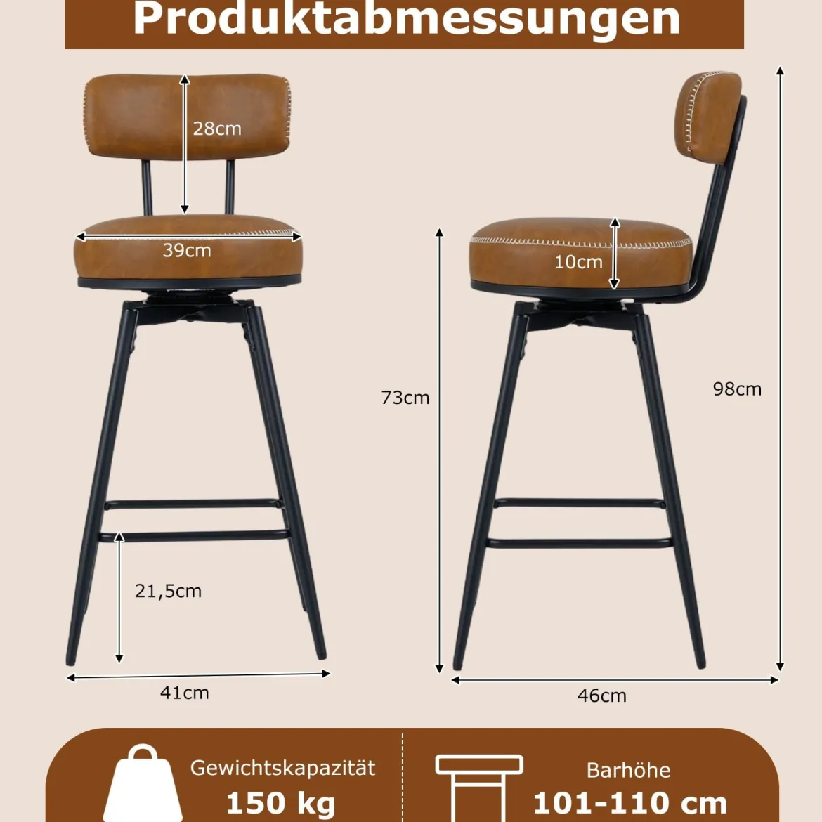 Drehbare Barhocker Set mit 2 Stück moderne Barhöhe Stühle mit gepolsterter Rückenlehne Braun