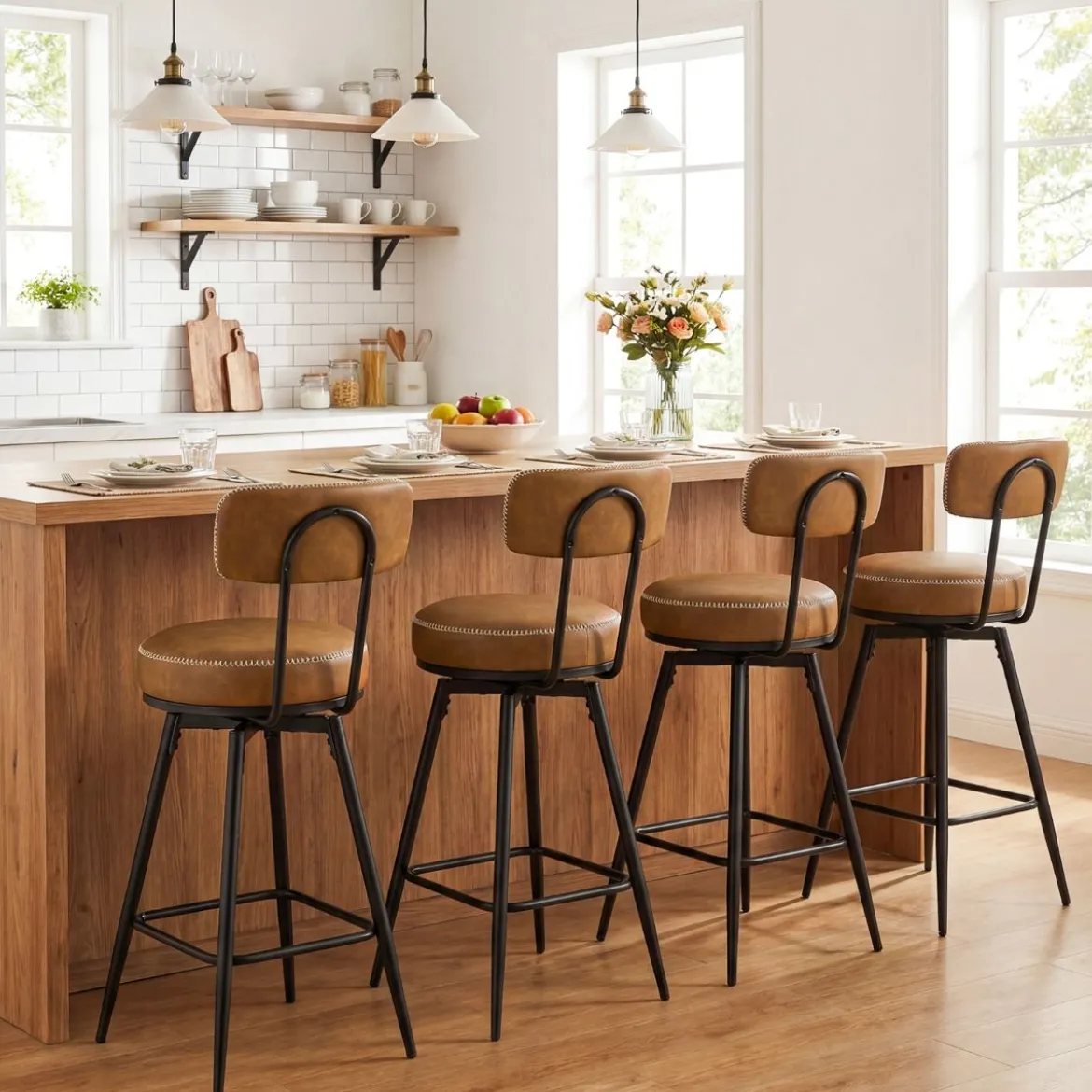Drehbare Barhocker Set mit 2 Stück moderne Barhöhe Stühle mit gepolsterter Rückenlehne Braun