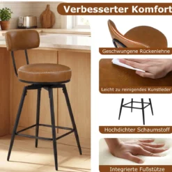 Drehbare Barhocker Set mit 2 Stück moderne Barhöhe Stühle mit gepolsterter Rückenlehne Braun