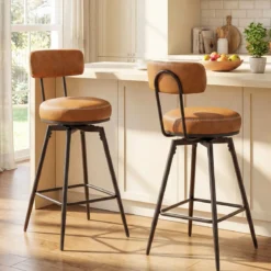 Drehbare Barhocker Set mit 2 Stück moderne Barhöhe Stühle mit gepolsterter Rückenlehne Braun