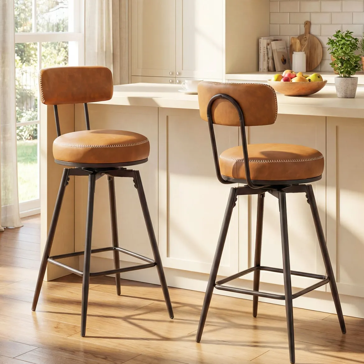 Drehbare Barhocker Set mit 2 Stück moderne Barhöhe Stühle mit gepolsterter Rückenlehne Braun