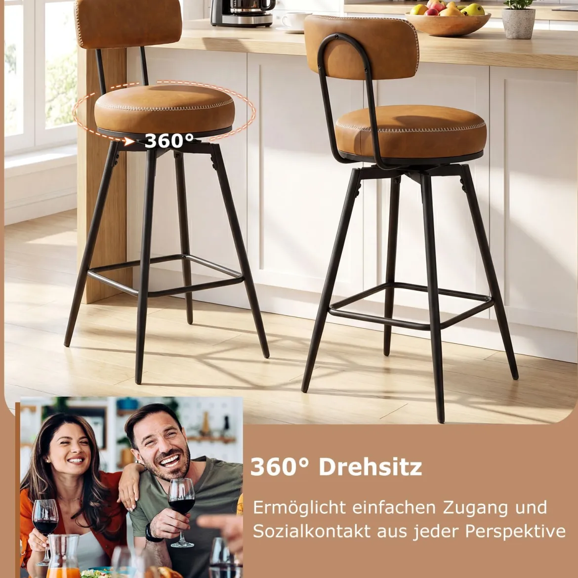 Drehbare Barhocker Set mit 2 Stück moderne Barhöhe Stühle mit gepolsterter Rückenlehne Braun