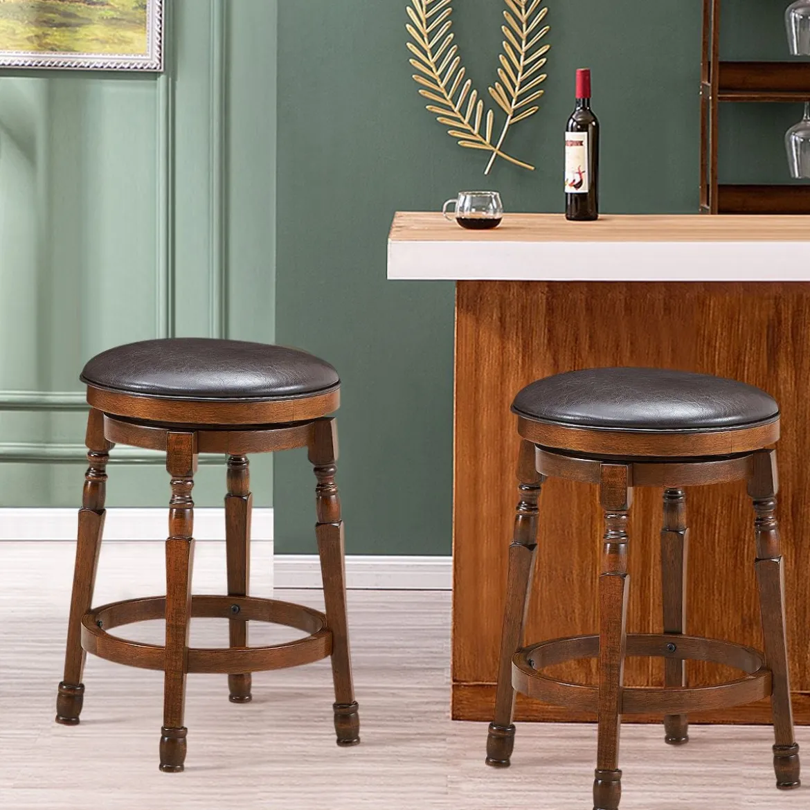 Drehbarer Barhocker 2er Set mit um 360° drehbarem Sitz Retro Barstuhl mit Fußstütze Walnussbraun