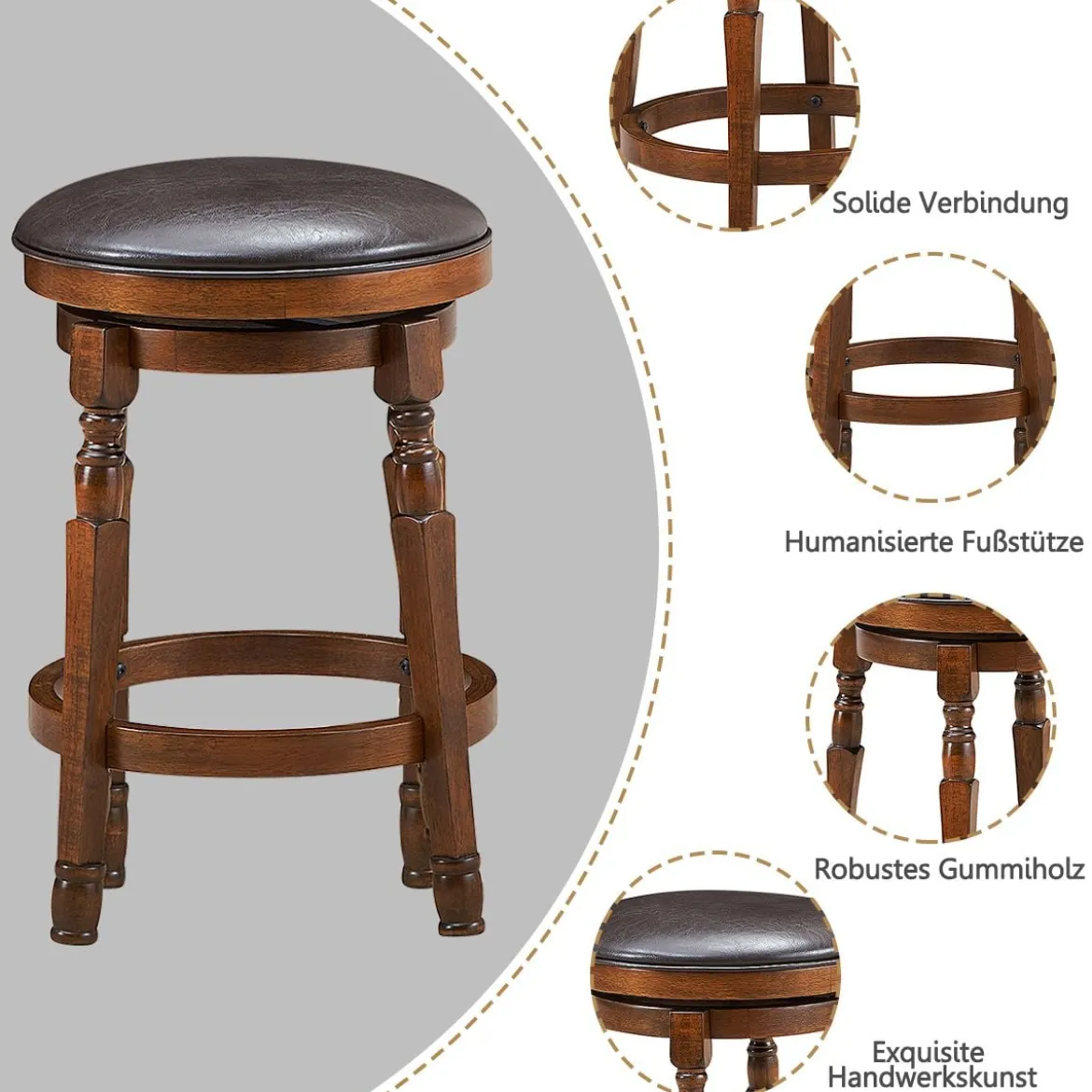 Drehbarer Barhocker 2er Set mit um 360° drehbarem Sitz Retro Barstuhl mit Fußstütze Walnussbraun