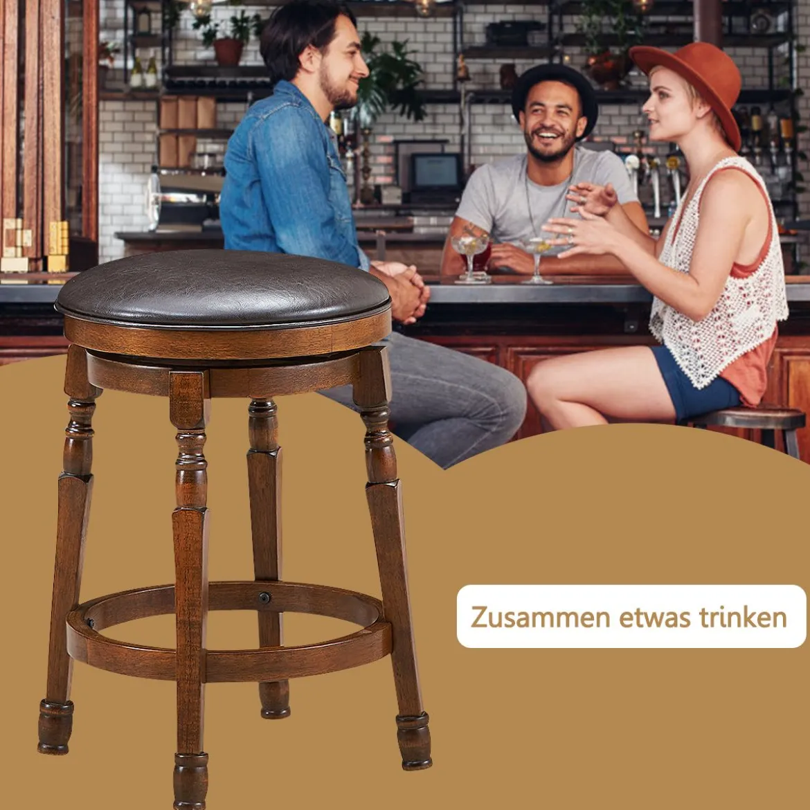 Drehbarer Barhocker 2er Set mit um 360° drehbarem Sitz Retro Barstuhl mit Fußstütze Walnussbraun